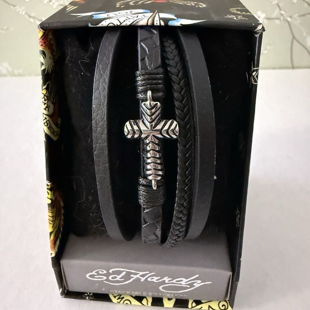 Ed Hardy Cross Stainless Steel Men’s Stackable Bracelet Set Antique Silver Tone